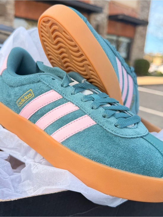adidas Shoes - adidas Teal Suede Sneakers with Pink Stripes and Orange Gum Sole